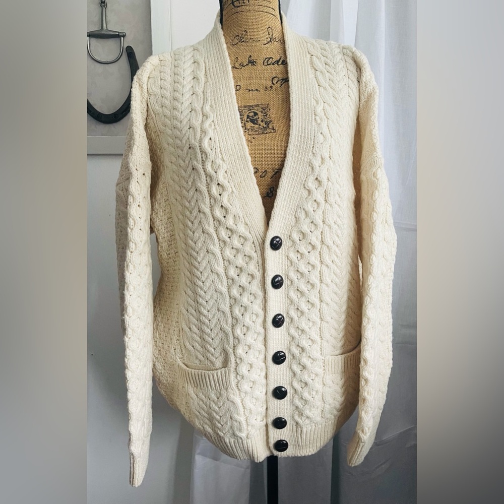 Carraig Donn Merino Wool Aran Knit Cardigan Coastal Fisherman Style Size XL